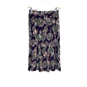 Vintage Boho Floral Maxi Skirt Eggplant Size Medium Elastic Waist Made in USA